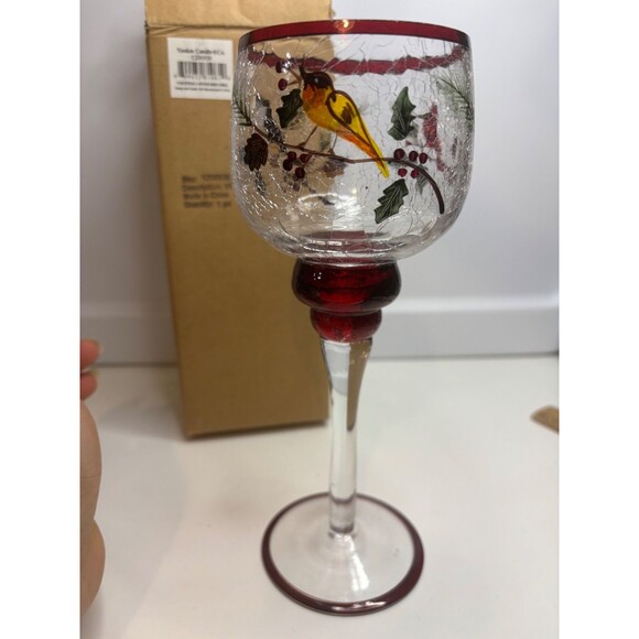 NEW Yankee Candle Crackled Glass Votive STEM Candleholder WINTER Birds 8.5”H - Picture 4 of 8